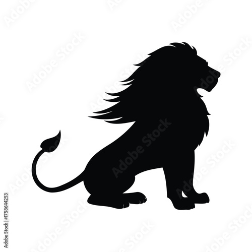 Majestic Lion Silhouette Sitting Proudly Against a White Background with Beautiful Mane, lion sitting with mane blowing silhouette vector illustration