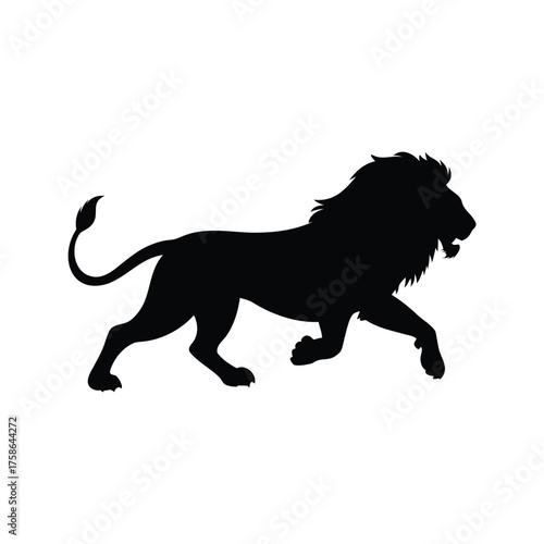 A powerful black silhouette of a majestic lion in motion is depicted, lion running silhouette vector illustration