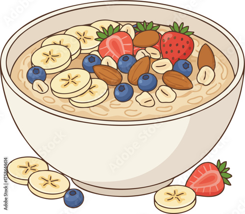 Oatmeal Bowl with Banana, Strawberry, Blueberry, Almonds Vector, Healthy Breakfast and Nuts Cartoon