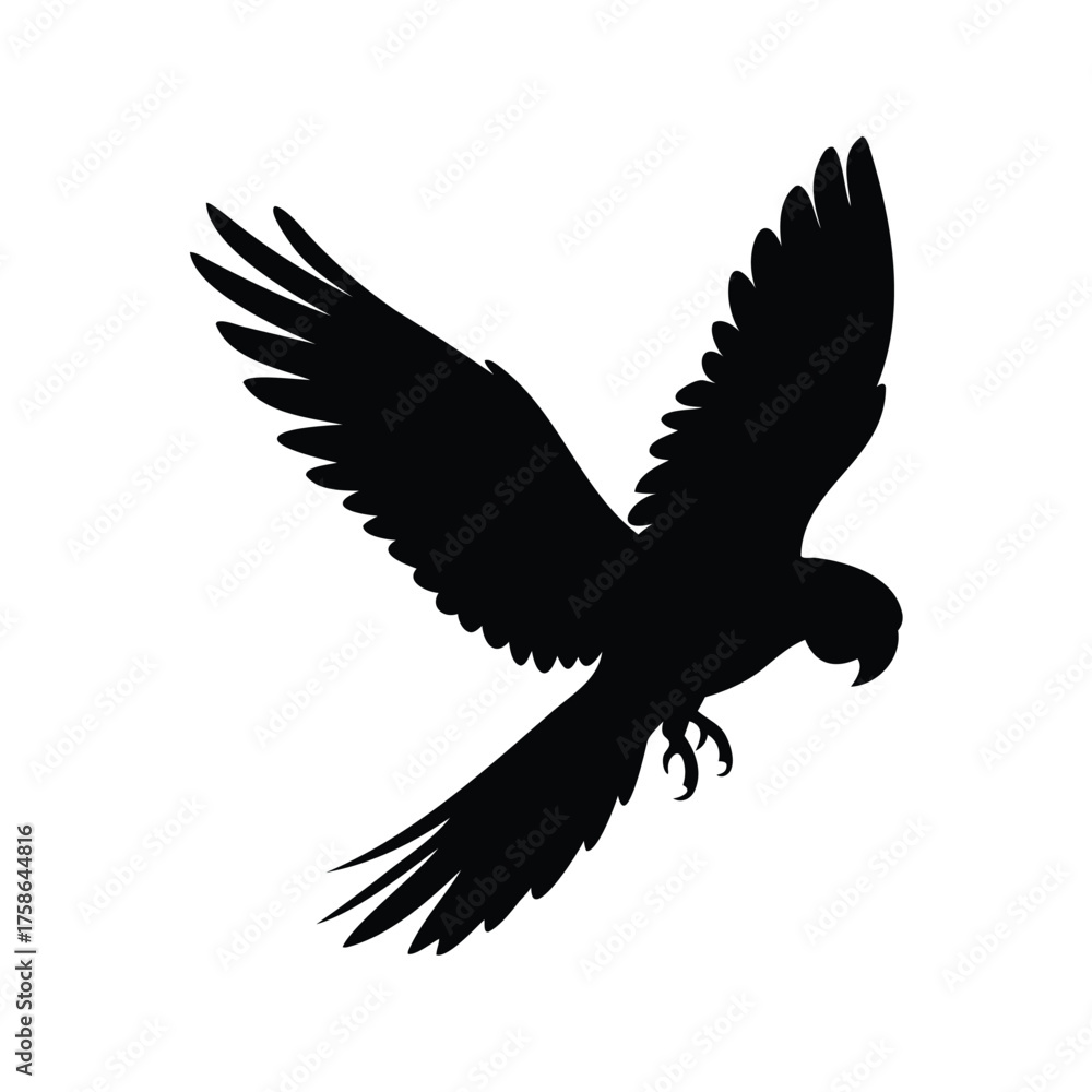 Fototapeta premium Dramatic silhouette of a majestic parrot in flight with its wings outstretched, parrot flying silhouette vector illustration