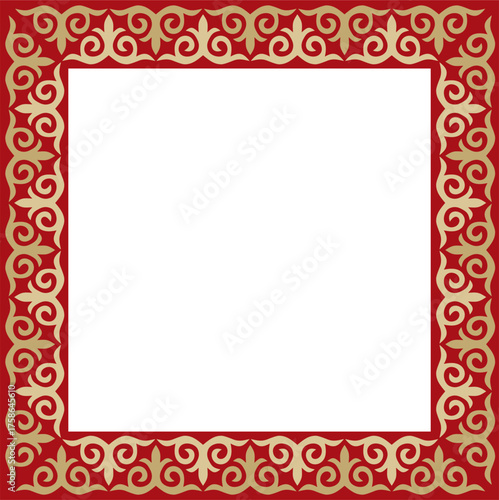 Vector gold with red square Kazakh national ornament. Ethnic pattern of the peoples of the Great Steppe,