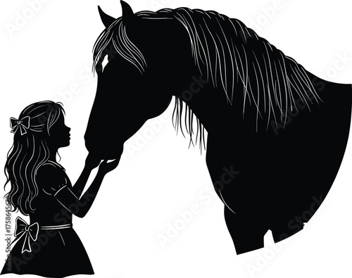 Girl and horse silhouette, tender bond, affectionate equestrian moment, child with pony, friendship illustration, black and white vector, equine companionship