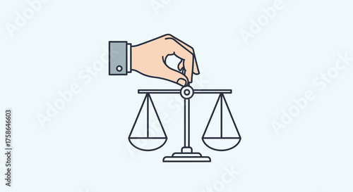Hand adjusting a balance scale, symbolizing equilibrium, fairness, and decision-making on a light blue background.
