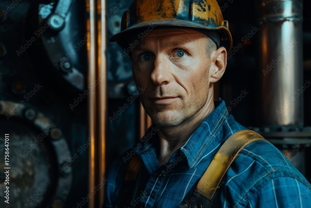 Obraz premium Adult man wearing a hard hat in industrial setting