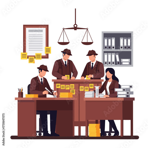 Detectives Investigating Clues and Evidence in Office Meeting