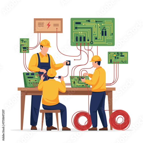 Skilled electricians working together on complex electrical circuits and wiring systems