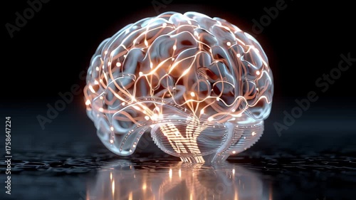 Transparent glass brain with glowing internal neural lines. Illustrates neural communication and computational neuroscience. A high-resolution 4K scientific video.