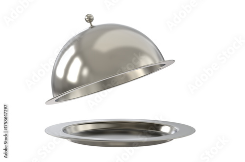 Silver opened cloche or  Silver tray with open cloche. Empty restaurant cloche with open lid. Png transparency