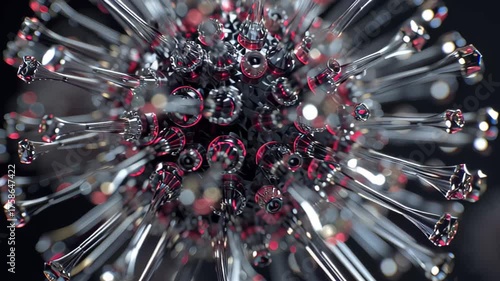 Virus-like structure made of glass and metal reflections. Shows virology structure and pathogen visualization. A high-resolution 4K scientific video.