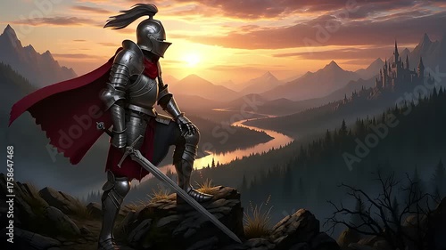 Epic fantasy scene of a solitary knight in full armor overlooking a majestic valley and distant castle at sunrise