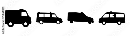 Collection of four black silhouette ambulances with distinct designs and roof lights on a