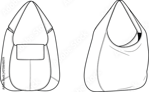 Technical handbag illustration, hobo style, front and side view, fashion sketch, garment design, shoulder strap, accessories