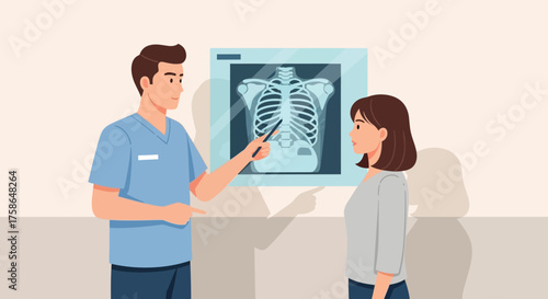 Doctor explains x-ray results to female patient, highlighting bones and overall health status in