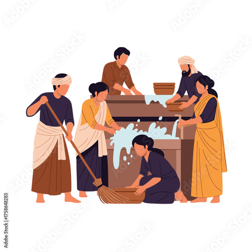 Community members work together to clean shared washing facility for a better environment