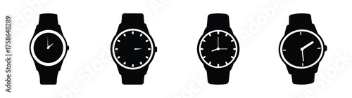 Collection of four black analog wristwatches with circular dials presented in a row
