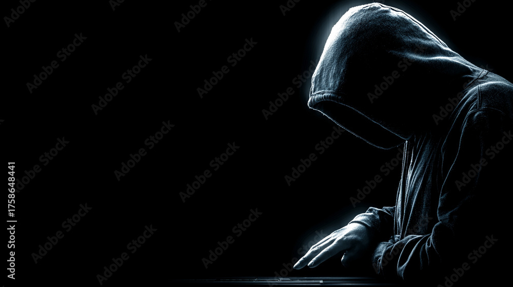 Fototapeta premium Hyperrealistic depiction of a dark, empty environment with a hacker accessing a virtual system, highlighting cybersecurity, digital intrusion, and futuristic technology concepts.