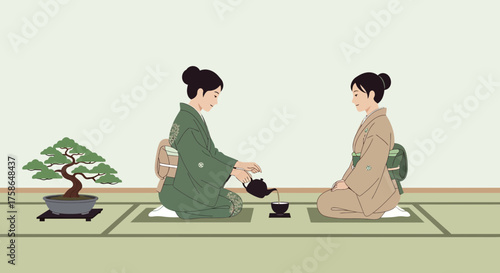 Elegant depiction of Japanese tea ceremony with graceful figures and bonsai serenity