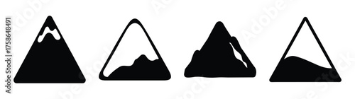 Set of four triangle avalanche warning signs depicting snow covered mountain hazards