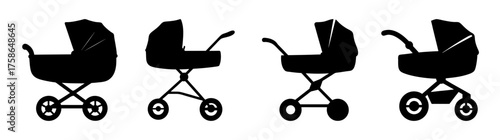 Four diverse black baby stroller silhouettes displaying different designs and styles for infant transportation