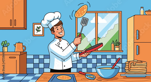 Enthusiastic chef tossing pancake in a vibrant kitchen setting with natural light streaming