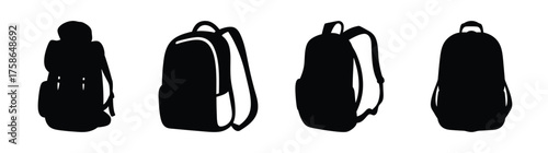 Set of four diverse black backpack silhouettes presented in a clean row suitable for design projects