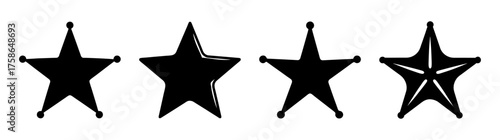 Collection of four distinct sheriff star badges solid black silhouettes for law enforcement and western themed designs