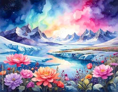 Colorful landscape featuring snowy mountains, lake, flowers, and sky