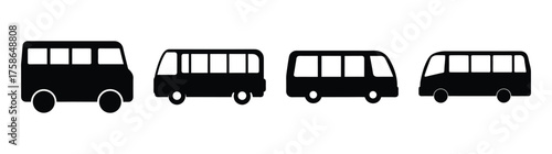 Collection of four black silhouette airport shuttle vans transportation icons side view isolated on