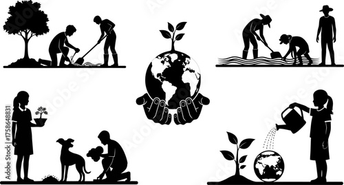 Silhouettes of people planting and nurturing plants symbolizing environmental care and growth
