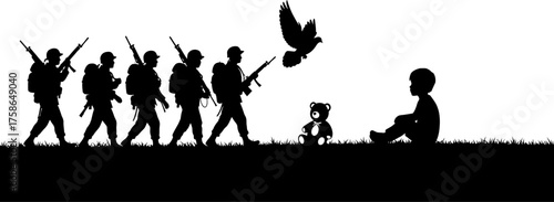 Soldiers marching towards a child and a figure in a tall hat a person tumbles through the air