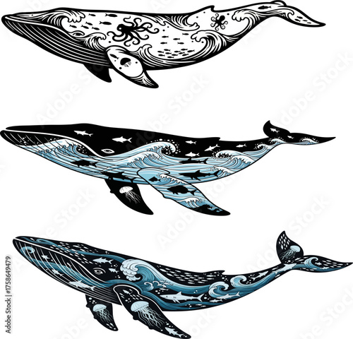 Three distinct artistic renderings of majestic whales showcasing intricate details and varying artistic styles