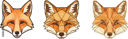 Three stylized geometric fox faces with distinct orange and brown colorations and detailed features