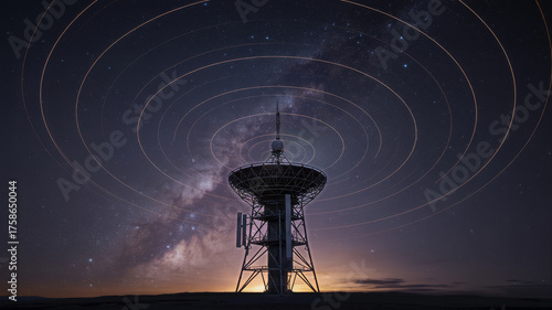 Radio telescope under a starry night sky satellite