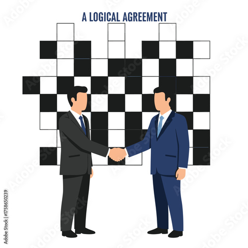 Two businessmen shaking hands in front of a logical agreement crossword puzzle