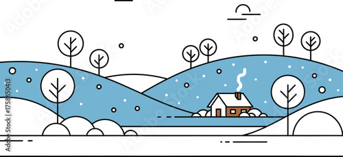 Winter landscape snow house trees hills cold season nature peaceful scenic calm