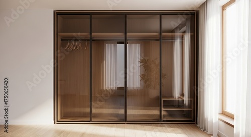 Modern, built-in wardrobe with smoked glass doors, natural wood frame, and interior shelving