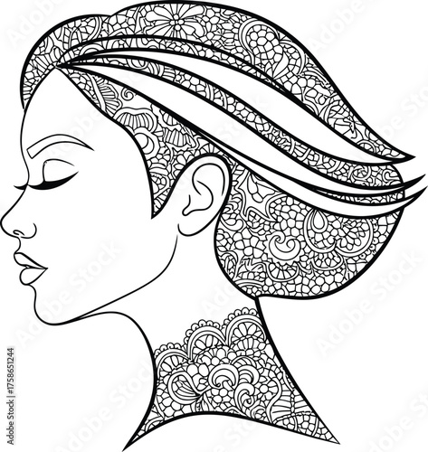 Woman face portrait profile hair pattern floral design beauty elegant zen art