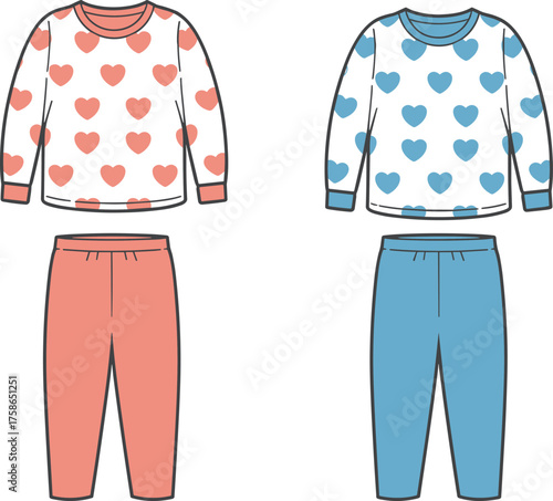 Cute kids pajama set illustration, cad drawing flat vector, heart pattern sleepwear design, cozy nightwear outfit, cartoon style clothing, isolated
