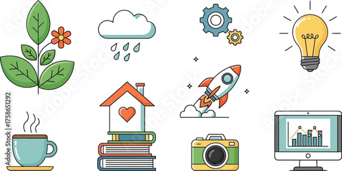 Icons plant cloud gears lightbulb coffee house rocket camera computer growth chart