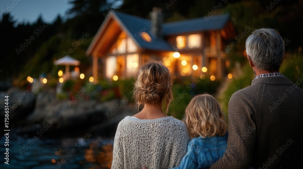 Obraz premium Cozy family dream home with glowing lights at dusk creating a warm, inviting atmosphere for lasting memories and peaceful retreats by the ocean