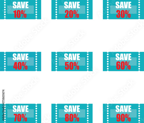 Discount Coupon Ticket Set, Save 10% to 90% Promotion and Clearance Sale Vector Design with Perforated Edges