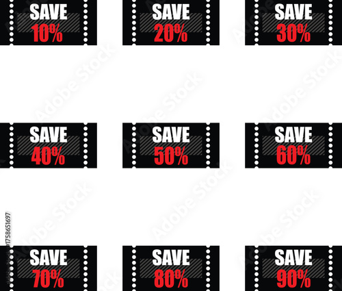 Black Friday Discount Coupon Ticket Set, Save 10% to 90% Promotion and Clearance Sale Vector