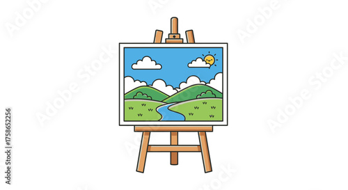 A painter's wooden easel holds a blank canvas or drawing board for the artist's painting or art