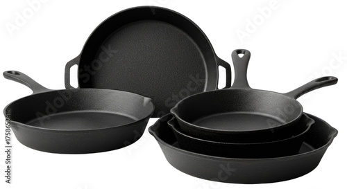 Set of black cast iron skillets and frying pans in different sizes, durable cookware for cooking and frying, perfect for kitchen use
