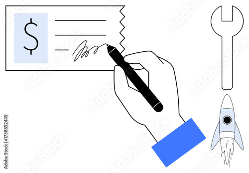 Hand writing on check with pen, nearby wrench symbolizing tools and rocket depicting innovation. Ideal for payment systems, business growth, finance, entrepreneurship, solutions, creativity, simple