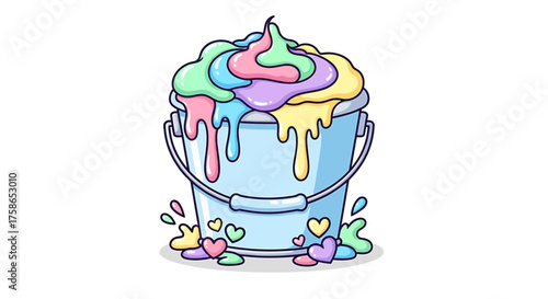 A light blue bucket overflowing with pastel-colored melted ice cream or paint, with colorful hearts.
