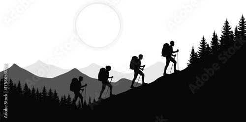 Vector art of silhouette of hikers with backpacks and trekking poles ascending a mountain slope with pine trees and layered mountains in the background under a bright sun