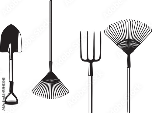 Black Silhouette Garden Tools Including Spade Rake and Pitchfork On White Background Keywords: garden tools, spade, shovel, rake, pitchfork, gardening, agriculture, tool, on transparent background