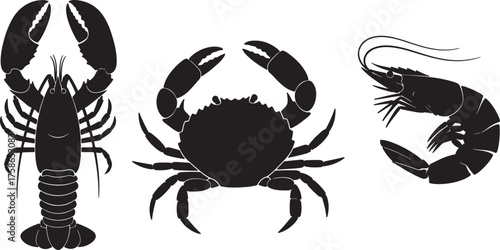 Silhouette of Lobster Crab and Shrimp on White Background Keywords: lobster, crab, shrimp, seafood, shellfish, crustacean, marine life, underwater, ocean, sea, food, on transparent background