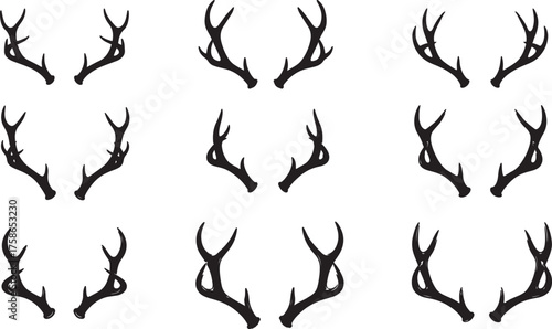 Nine Black Silhouettes of Deer Antlers in Various Shapes and Sizes stag wildlife on transparent background